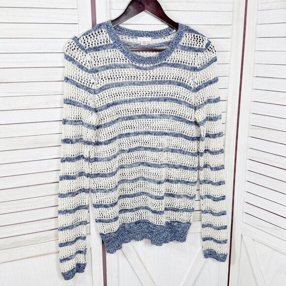 Xhilaration Striped Open Weave Mesh Sweater Blue Cream Medium - Picture 7 of 12